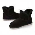 BLACK Suede leather Australian style Boot shoes with POMPOM design and fake hair lining.