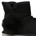 BLACK Suede leather Australian style Boot shoes with POMPOM design and fake hair lining.
