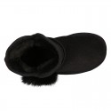 BLACK Suede leather Australian style Boot shoes with POMPOM design and fake hair lining.