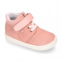 Kids OKAA CASUAL Ankle boot shoes tennis style with elastic laces in suede leather.