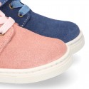 Kids OKAA CASUAL Ankle boot shoes tennis style with elastic laces in suede leather.