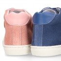 Kids OKAA CASUAL Ankle boot shoes tennis style with elastic laces in suede leather.