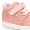 Kids OKAA CASUAL Ankle boot shoes tennis style with elastic laces in suede leather.