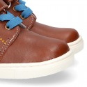 Kids OKAA CASUAL Ankle boot shoes tennis style with elastic laces in TAN Nappa leather.