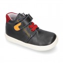 Kids OKAA CASUAL Ankle boot shoes tennis style with elastic laces in NAVY BLUE Nappa leather.