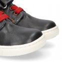 Kids OKAA CASUAL Ankle boot shoes tennis style with elastic laces in NAVY BLUE Nappa leather.