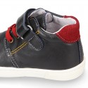 Kids OKAA CASUAL Ankle boot shoes tennis style with elastic laces in NAVY BLUE Nappa leather.