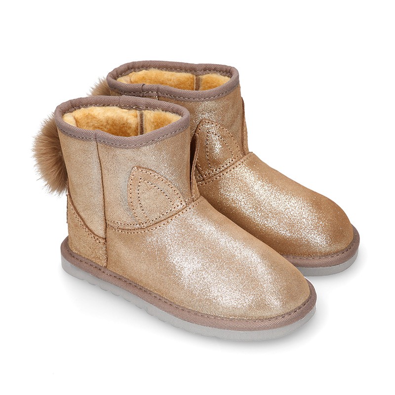 SHINY Suede leather Australian style Boot shoes with POMPOM and EARS design and fake hair lining. VL128 OkaaSpain