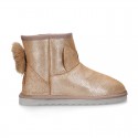 SHINY Suede leather Australian style Boot shoes with POMPOM and EARS design and fake hair lining.