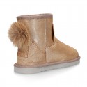 SHINY Suede leather Australian style Boot shoes with POMPOM and EARS design and fake hair lining.