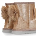 SHINY Suede leather Australian style Boot shoes with POMPOM and EARS design and fake hair lining.