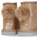 SHINY Suede leather Australian style Boot shoes with POMPOM and EARS design and fake hair lining.