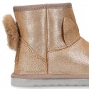 SHINY Suede leather Australian style Boot shoes with POMPOM and EARS design and fake hair lining.