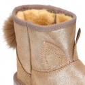 SHINY Suede leather Australian style Boot shoes with POMPOM and EARS design and fake hair lining.