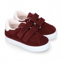 Suede leather OKAA Kids Sneaker or Tenis style shoes with double hook and loop strap closure.