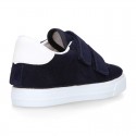 Suede leather OKAA Kids Sneaker or Tenis style shoes with double hook and loop strap closure.