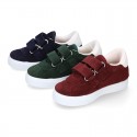 Suede leather OKAA Kids Sneaker or Tenis style shoes with double hook and loop strap closure.