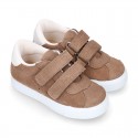 Suede leather OKAA Kids Sneaker or Tenis style shoes with double hook and loop strap closure in autumn colors.