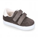 Suede leather OKAA Kids Sneaker or Tenis style shoes with double hook and loop strap closure in autumn colors.