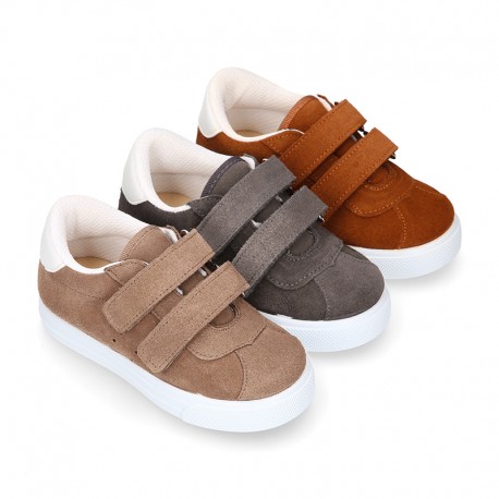 Suede leather OKAA Kids Sneaker or Tenis style shoes with double hook and loop strap closure in autumn colors.