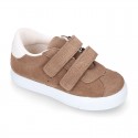 Suede leather OKAA Kids Sneaker or Tenis style shoes with double hook and loop strap closure in autumn colors.