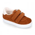 Suede leather OKAA Kids Sneaker or Tenis style shoes with double hook and loop strap closure in autumn colors.