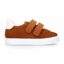 Suede leather OKAA Kids Sneaker or Tenis style shoes with double hook and loop strap closure in autumn colors.