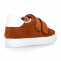 Suede leather OKAA Kids Sneaker or Tenis style shoes with double hook and loop strap closure in autumn colors.