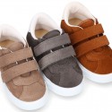 Suede leather OKAA Kids Sneaker or Tenis style shoes with double hook and loop strap closure in autumn colors.