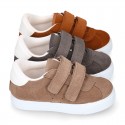 Suede leather OKAA Kids Sneaker or Tenis style shoes with double hook and loop strap closure in autumn colors.