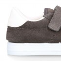 Suede leather OKAA Kids Sneaker or Tenis style shoes with double hook and loop strap closure in autumn colors.