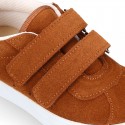 Suede leather OKAA Kids Sneaker or Tenis style shoes with double hook and loop strap closure in autumn colors.