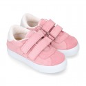 Suede leather OKAA Kids Sneaker or Tenis style shoes with double hook and loop strap closure in pastel colors.