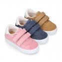 Suede leather OKAA Kids Sneaker or Tenis style shoes with double hook and loop strap closure in pastel colors.