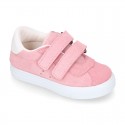 Suede leather OKAA Kids Sneaker or Tenis style shoes with double hook and loop strap closure in pastel colors.