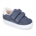 Suede leather OKAA Kids Sneaker or Tenis style shoes with double hook and loop strap closure in pastel colors.