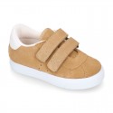 Suede leather OKAA Kids Sneaker or Tenis style shoes with double hook and loop strap closure in pastel colors.