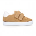 Suede leather OKAA Kids Sneaker or Tenis style shoes with double hook and loop strap closure in pastel colors.