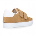 Suede leather OKAA Kids Sneaker or Tenis style shoes with double hook and loop strap closure in pastel colors.