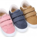 Suede leather OKAA Kids Sneaker or Tenis style shoes with double hook and loop strap closure in pastel colors.