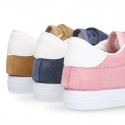 Suede leather OKAA Kids Sneaker or Tenis style shoes with double hook and loop strap closure in pastel colors.