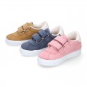 Suede leather OKAA Kids Sneaker or Tenis style shoes with double hook and loop strap closure in pastel colors.