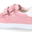 Suede leather OKAA Kids Sneaker or Tenis style shoes with double hook and loop strap closure in pastel colors.