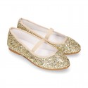 GOLD GLITTER classic Ballet flat shoes with elastic band.