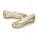 GOLD GLITTER classic Ballet flat shoes with elastic band.