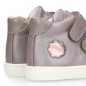 Kids OKAA CASUAL Ankle boot shoes tennis style with hook and loop strap closure in LAMINATED leather.