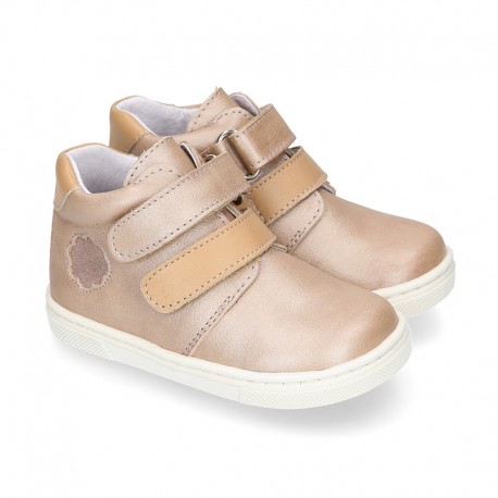 Kids OKAA CASUAL Ankle boot shoes tennis style with hook and loop strap closure in VISON color LAMINATED leather.