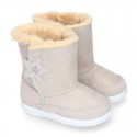 ESKIMO style kids boot shoes with hook and loop strap closure in Suede leather with STARS print design.