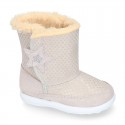 ESKIMO style kids boot shoes with hook and loop strap closure in Suede leather with STARS print design.