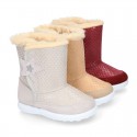 ESKIMO style kids boot shoes with hook and loop strap closure in Suede leather with STARS print design.